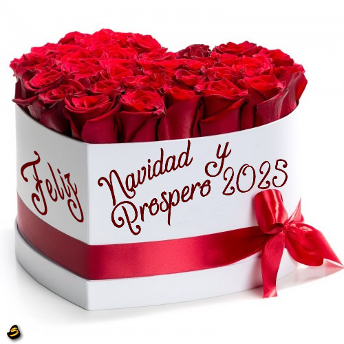 imagen con un hermoso ramo de rosas rojas en una caja en forma de corazón con texto de saludo escrito en ella